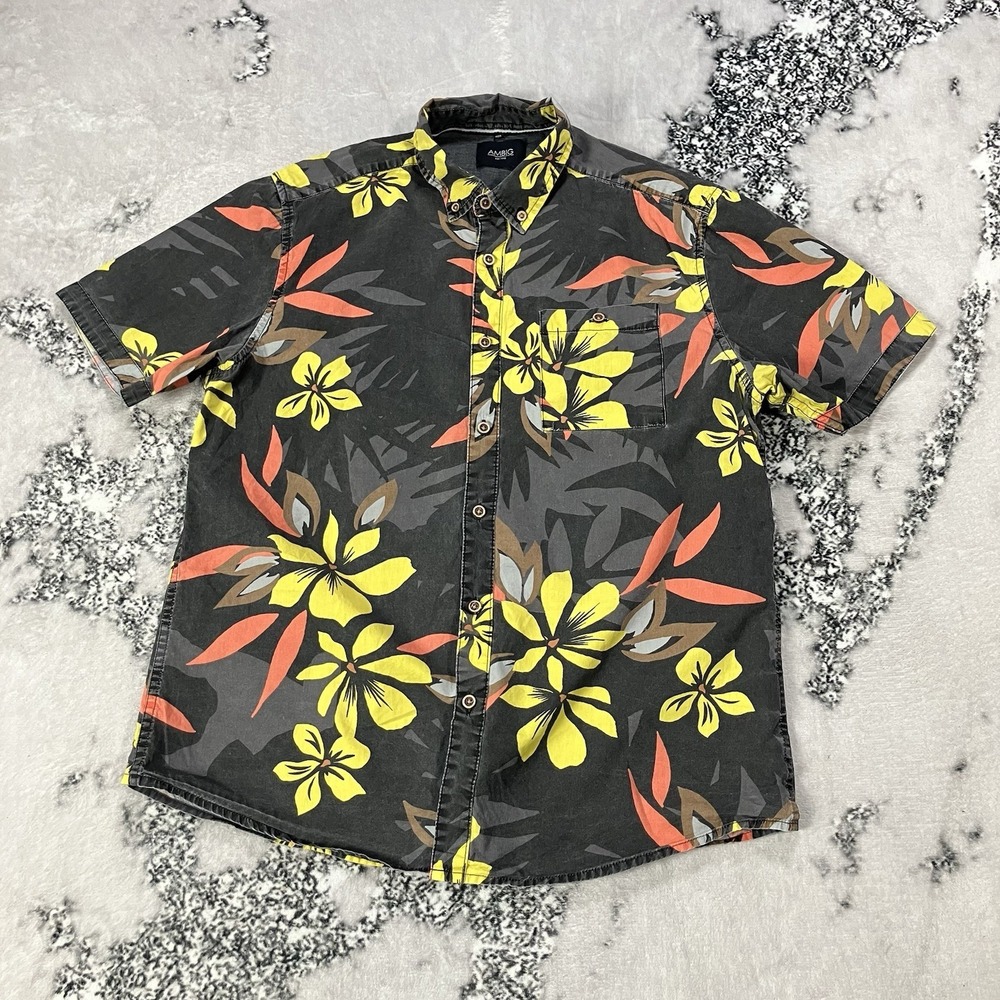 Ambig Hawaiian Shirt Mens Large Black Yellow Floral Tropical Button Up SS